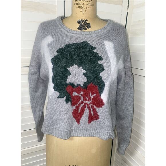 Ruby Moon Pullover Sweater Gray Christmas Wreath Size Medium - Picture 1 of 9